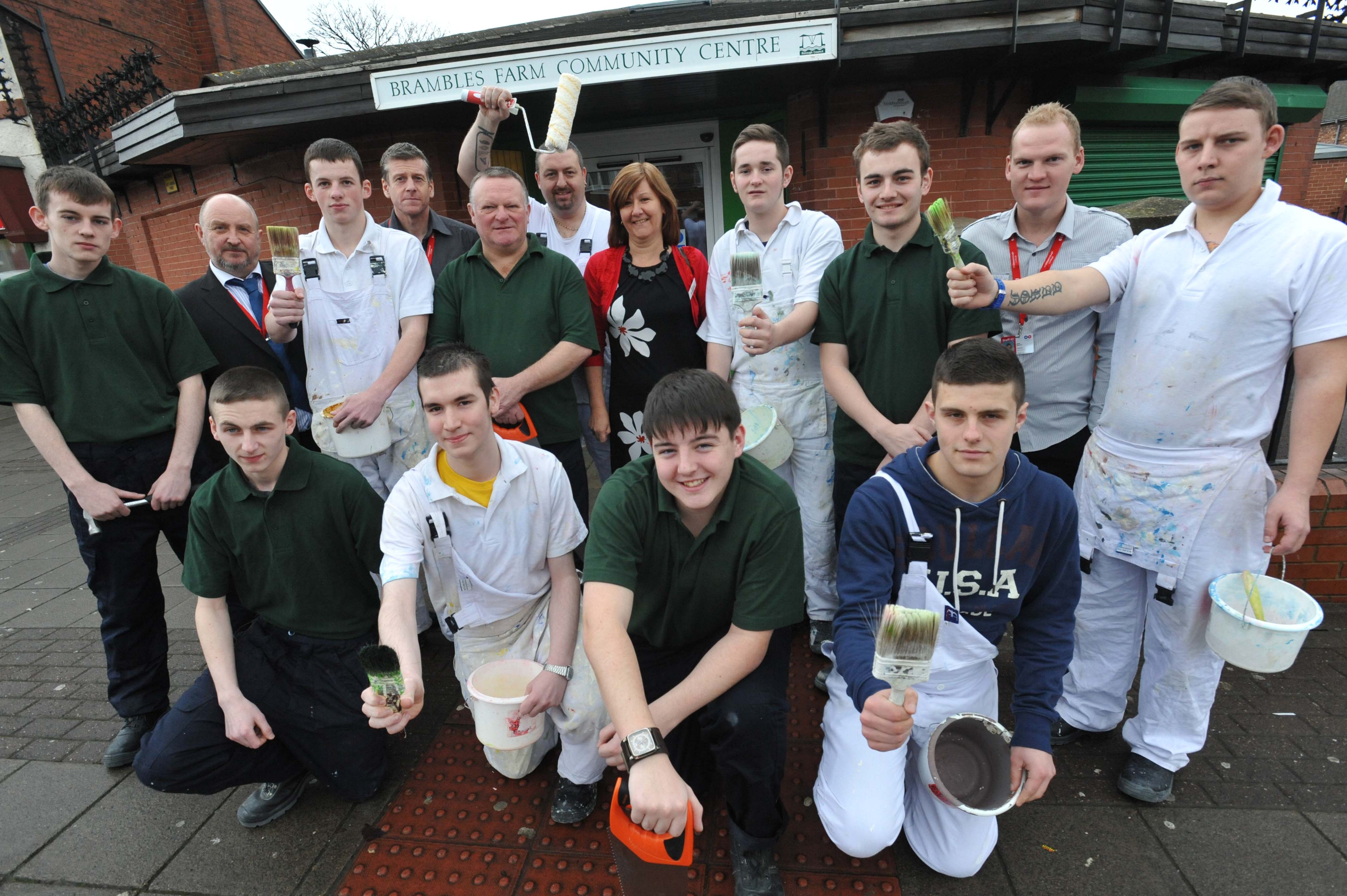 Trade students and tutors from Middlesbrough College at the Brambles farm Community Centre on Marshall Avenue, Middlesbrough where the Joiners, electricians, plumbers and painters have been doing work to revamp the centre for the Hope Foundation. They are all pictured with Sue Kearney (centre) from the Hope Foundation.18/12/12  Pic Doug Moody Photography